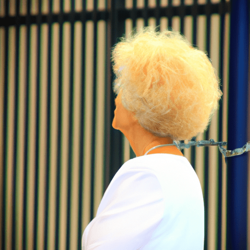 תמונה נוקבת של האישה עומדת מחוץ לבית המשפט, המשקפת נחישות ותקווה.