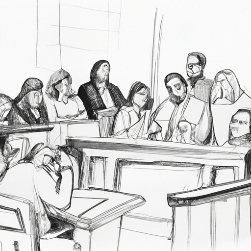 3. סקיצה באולם בית המשפט, לוכדת את הרגשות העזים במהלך הליך התביעה