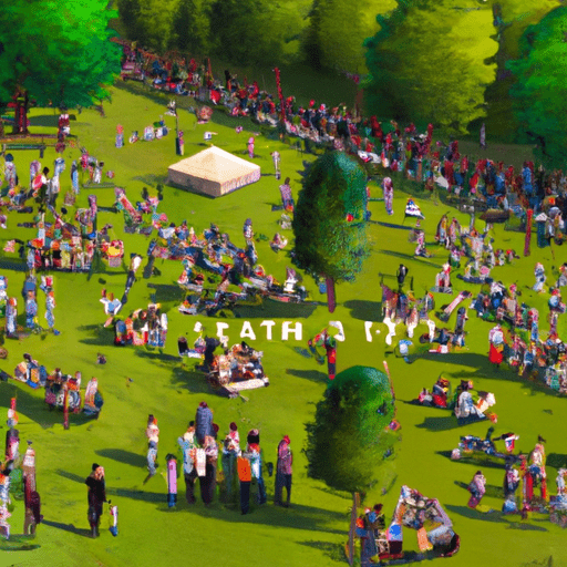 תמונה מרהיבה של התכנסות חיצונית גדולה בפארק ירוק שופע, עם כיתוב "האם זה חוקי?"