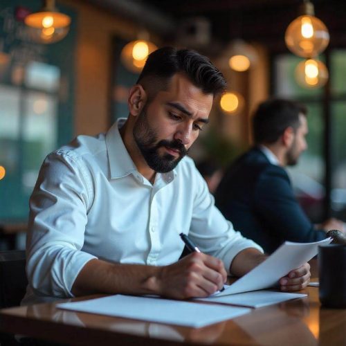 אדם מכין מסמכים משפטיים לתביעה קטנה בבית המשפט